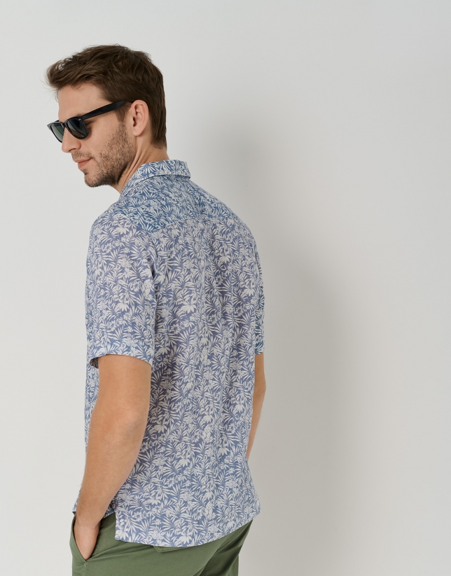 Blue slim fit Guayabera shirt with white tropical print