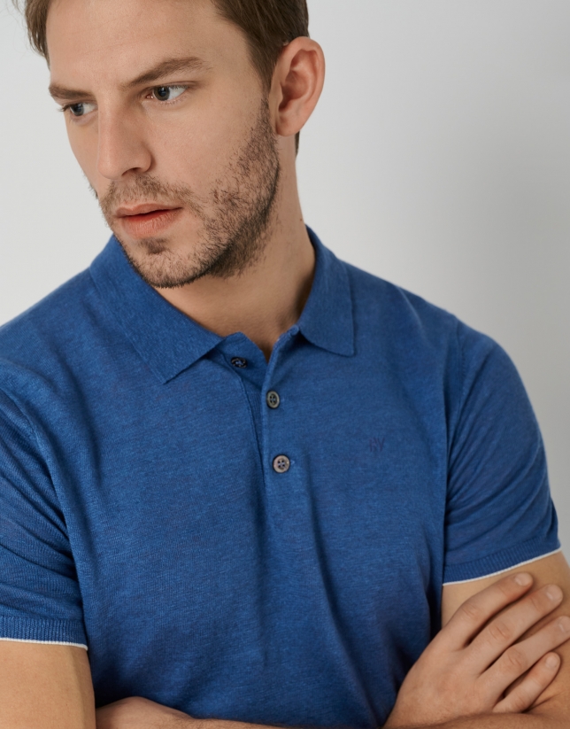Medium blue linen knitted polo shirt