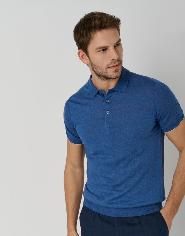 Medium blue linen knitted polo shirt