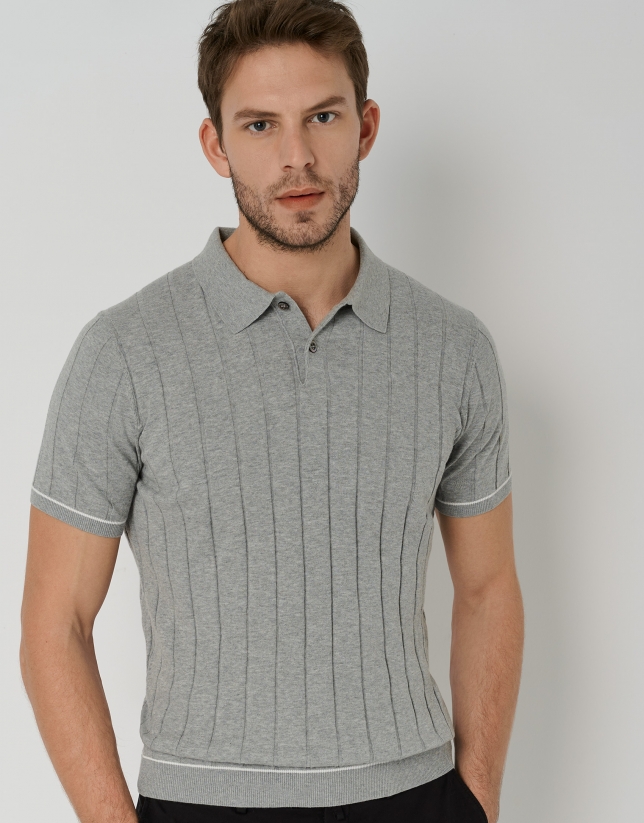 Gray melange high twist knit polo shirt