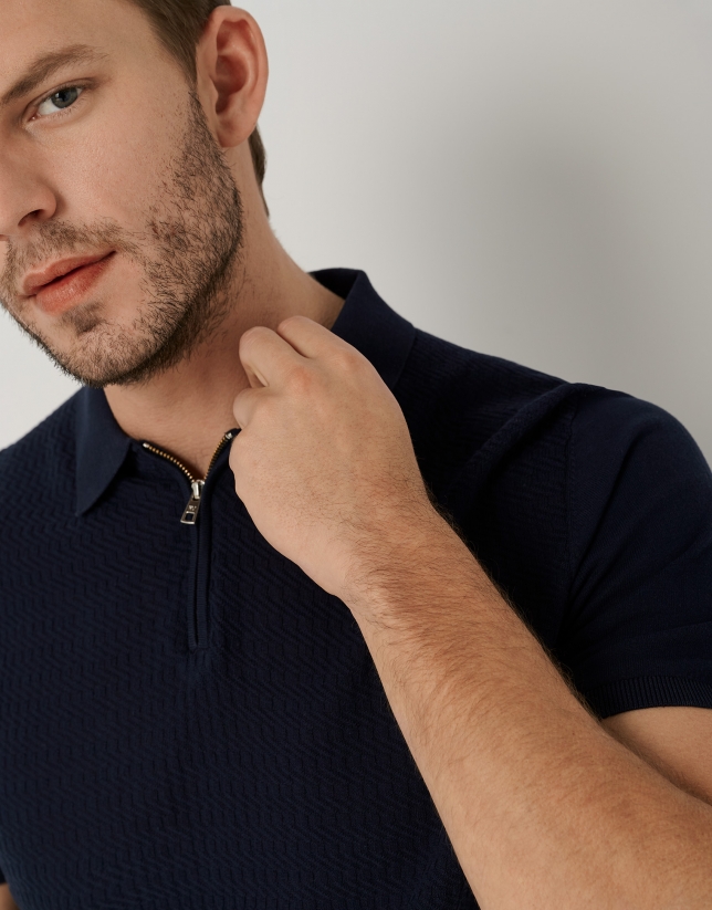 Navy blue high twist knit polo shirt with zipper 