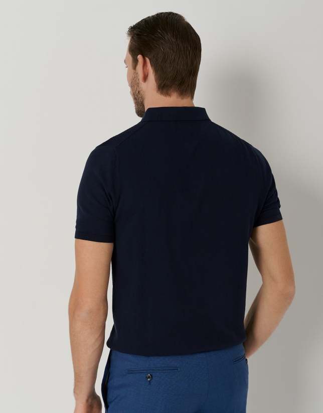 Navy blue high twist knit polo shirt with zipper 