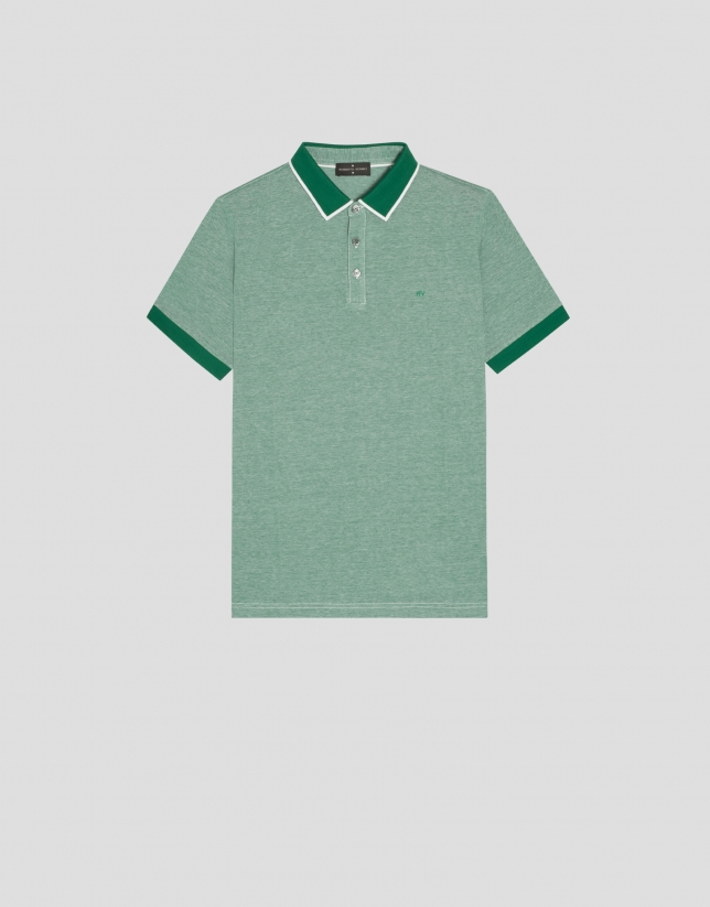 Green two-color piqué polo shirt with short sleeves