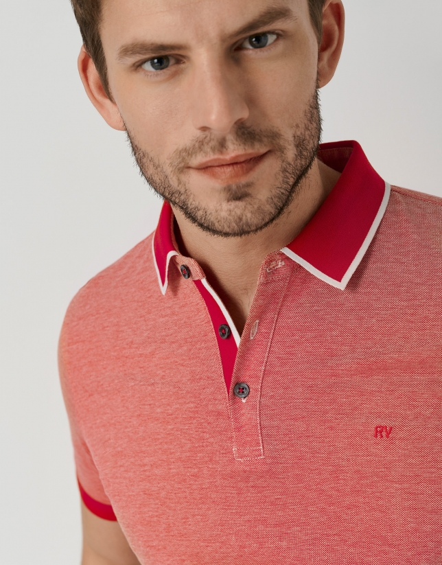 Red two-color piqué polo shirt with short sleeves