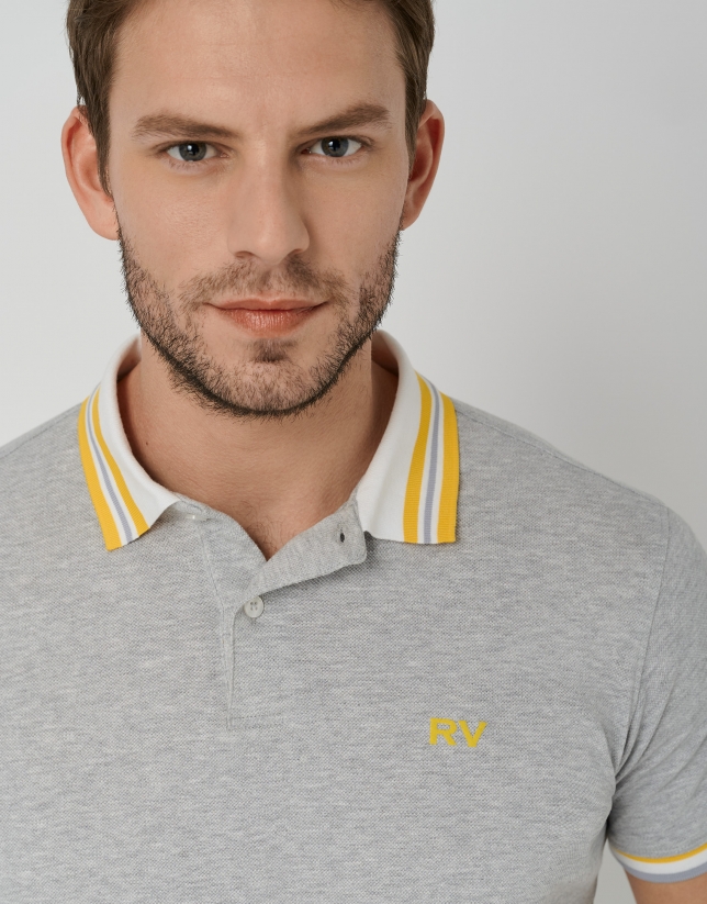 Gray melange piqué polo shirt with contrasting collar
