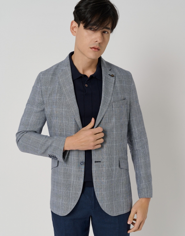 Blue linen and cotton checked blazer