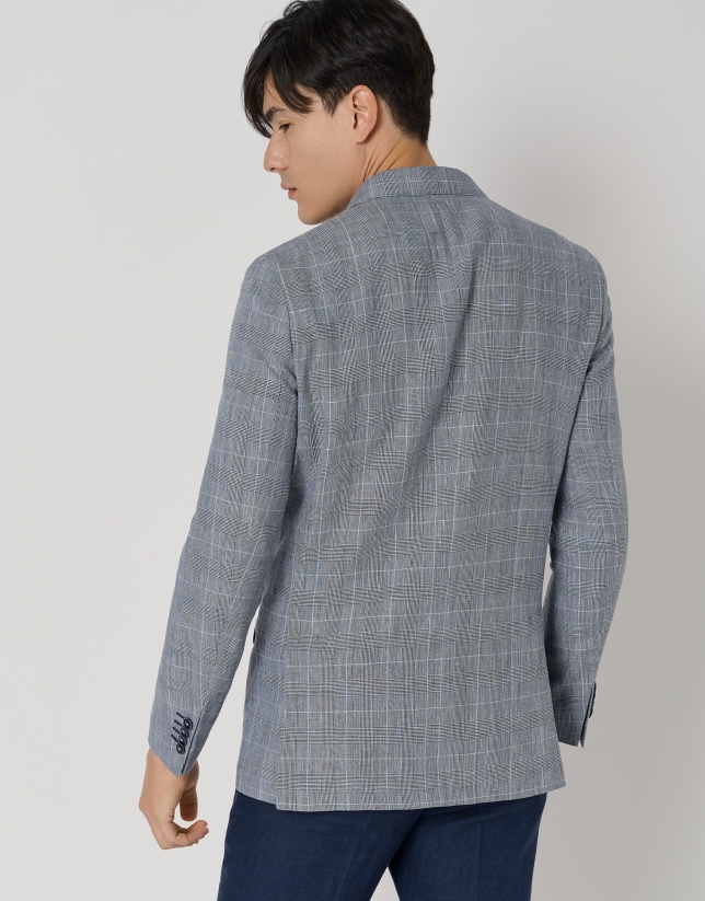 Blue linen and cotton checked blazer