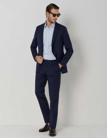 Navy blue pinstriped slim fit half canvas suit