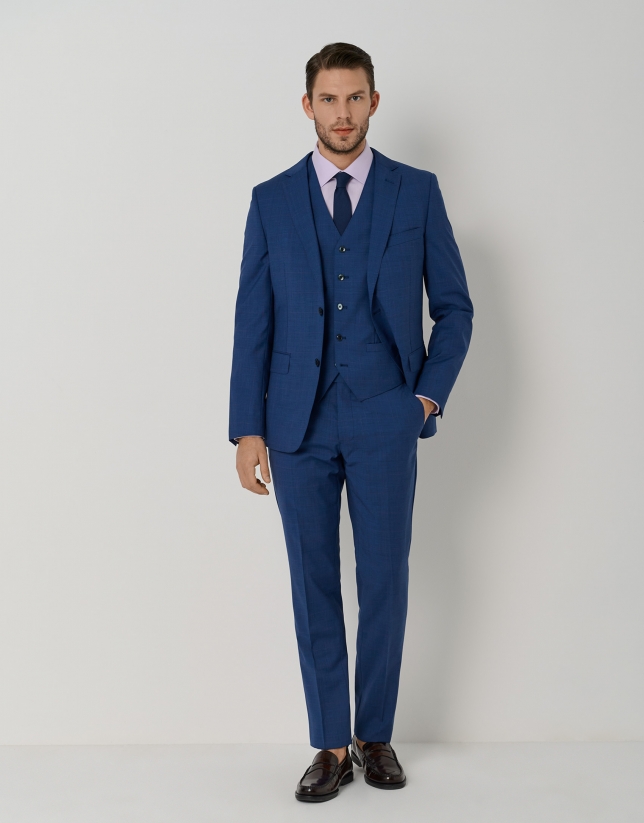 Blue checked wool slim fit half canvas suit
