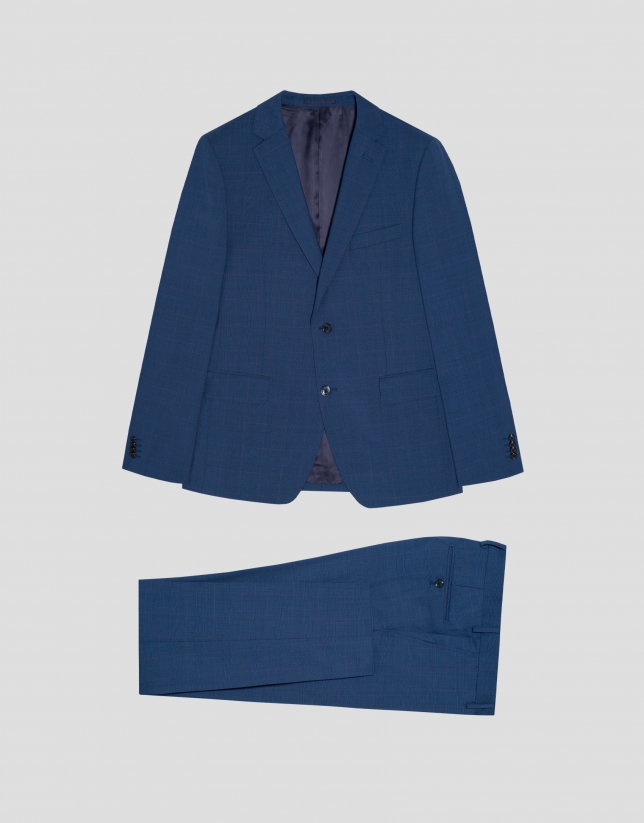 Blue checked wool slim fit half canvas suit