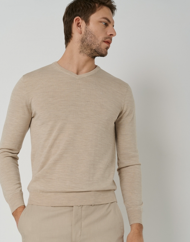 Beige wool sweater with V-neck