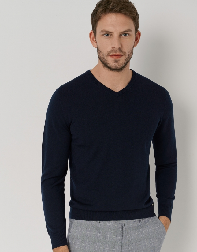 Navy blue wool sweater with V-neck