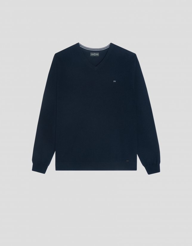 Navy blue wool sweater with V-neck