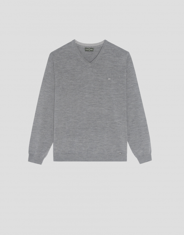 Melange gray wool sweater with V-neck