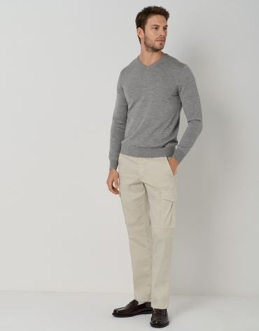 Melange gray wool sweater with V-neck