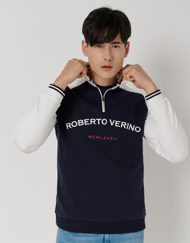 Navy blue and white block sweatshirt with contrasting RV logo