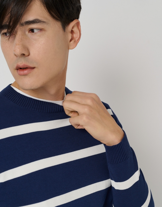 Navy blue and white striped cotton sweater