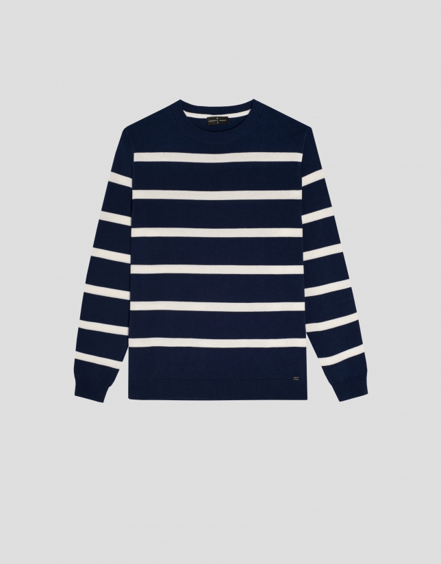 Navy blue and white striped cotton sweater