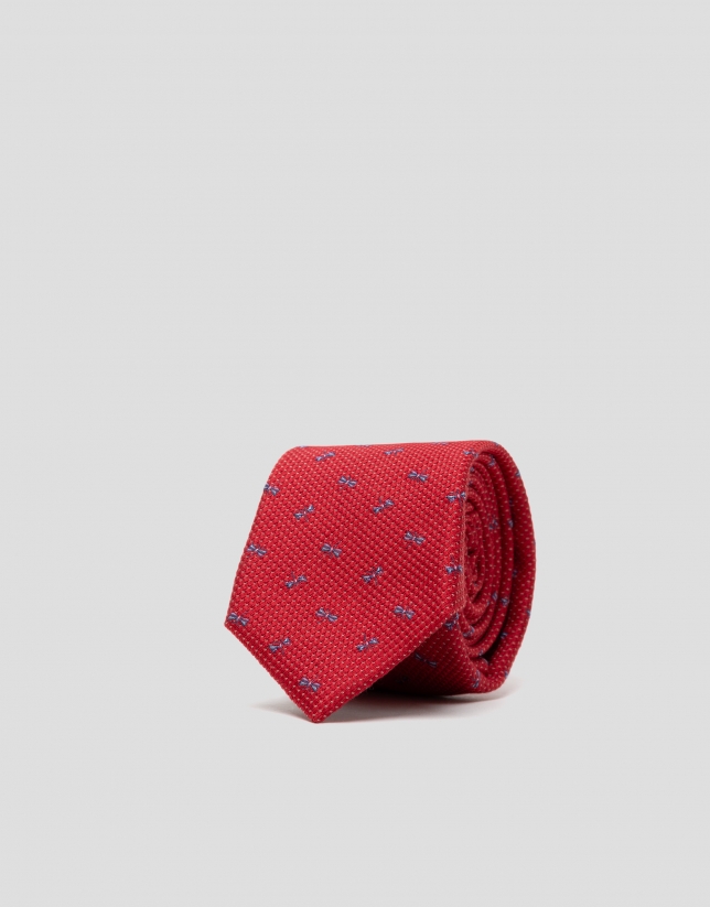Red silk tie with blue dragonfly print