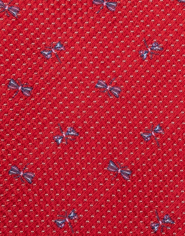 Red silk tie with blue dragonfly print