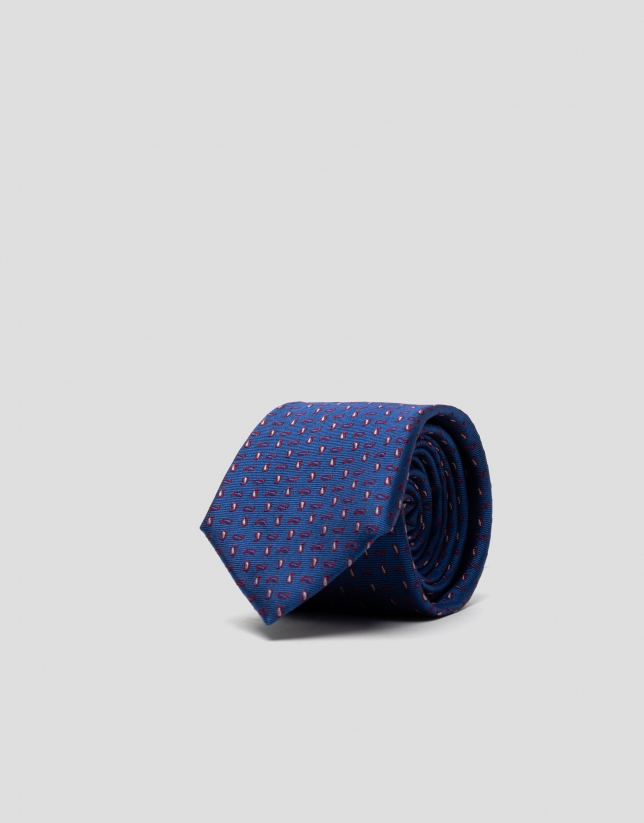 Corbata seda azul tinta con cachemires rojos