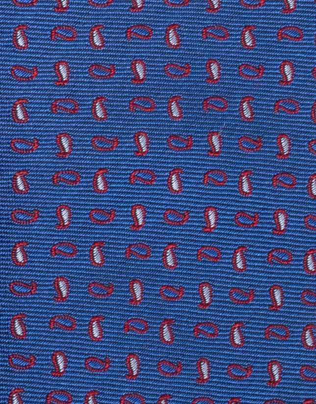 Corbata seda azul tinta con cachemires rojos