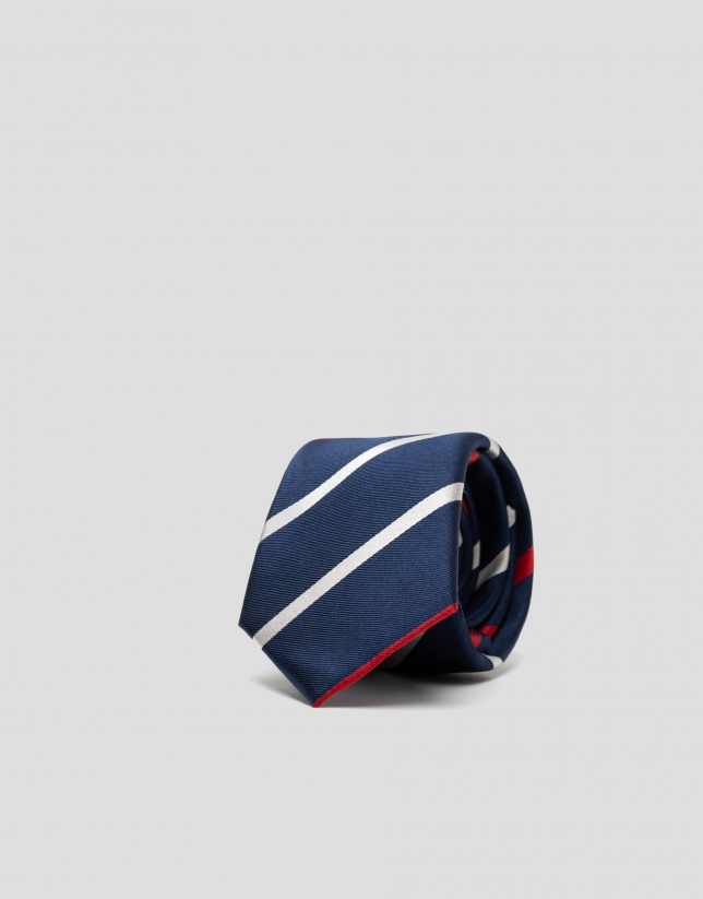 Navy blue silk tie with red and beige stripes