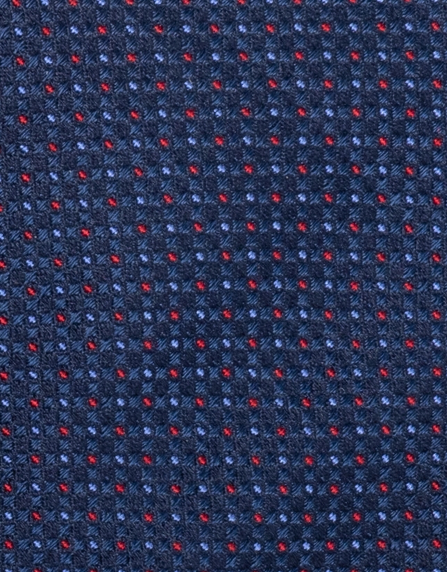 Corbata seda azul tinta con puntos en rojo y azul