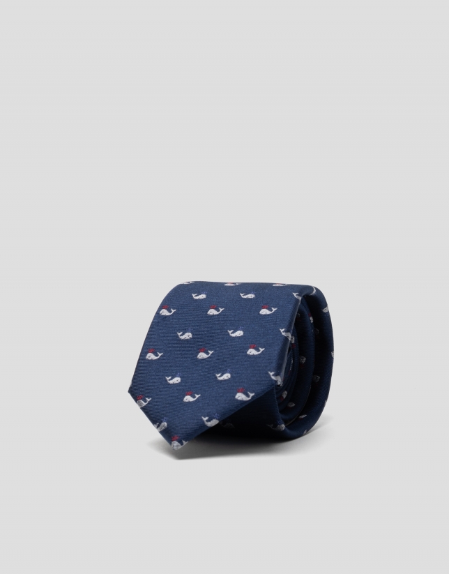 Navy blue silk tie with whale design