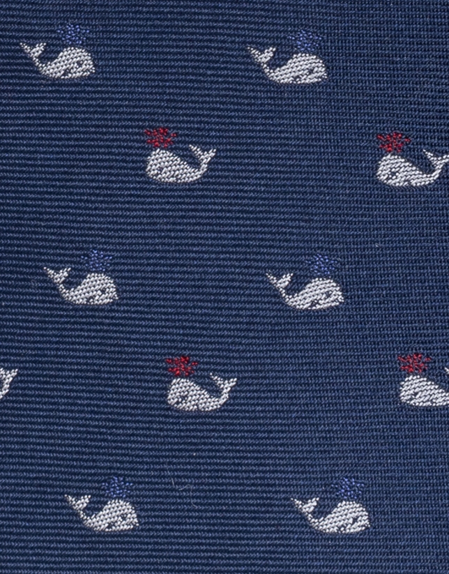 Navy blue silk tie with whale design