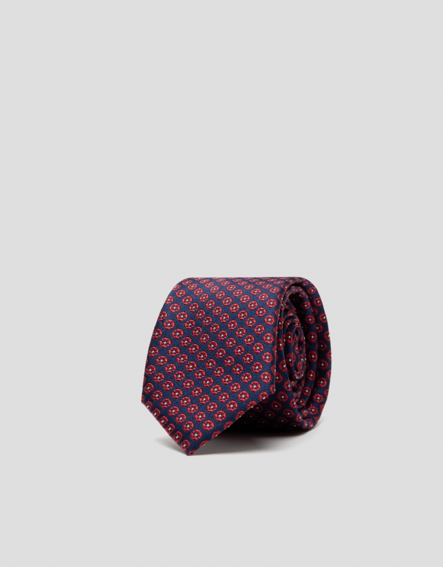 Navy blue tie with red flower jacquard