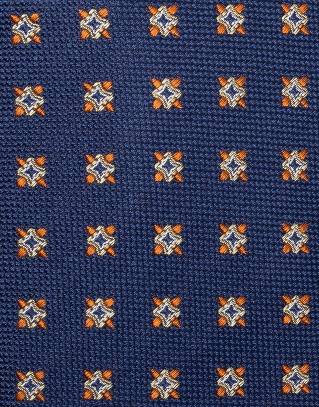 Corbata seda estructura azul y jacquard naranja
