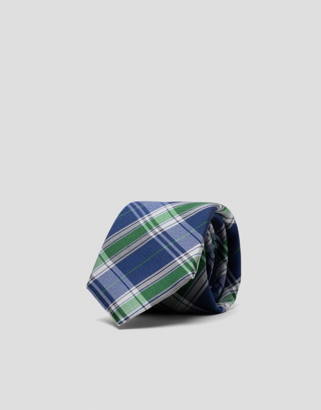Blue, green and white plaid silk tie
