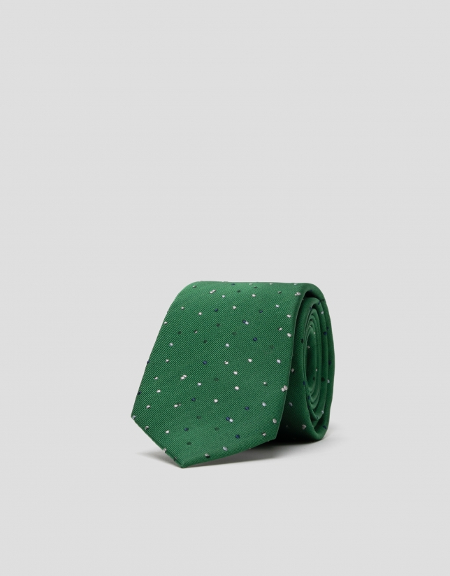 Corbata seda verde con jacquard pintas marino y blanco
