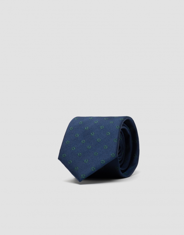 Ink blue silk tie with green geometric jacquard print