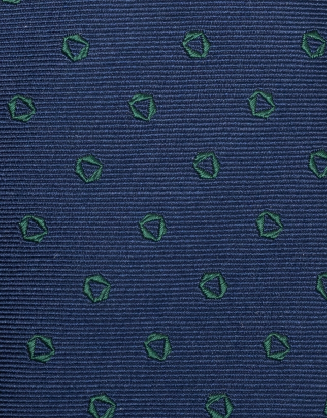 Ink blue silk tie with green geometric jacquard print