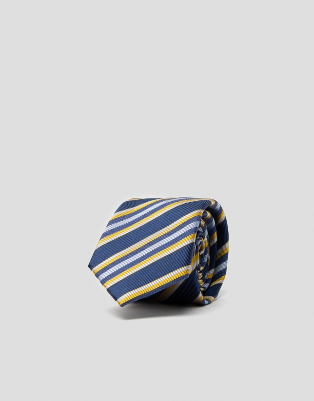 Navy blue silk tie with blue, light blue and yellow stripes
