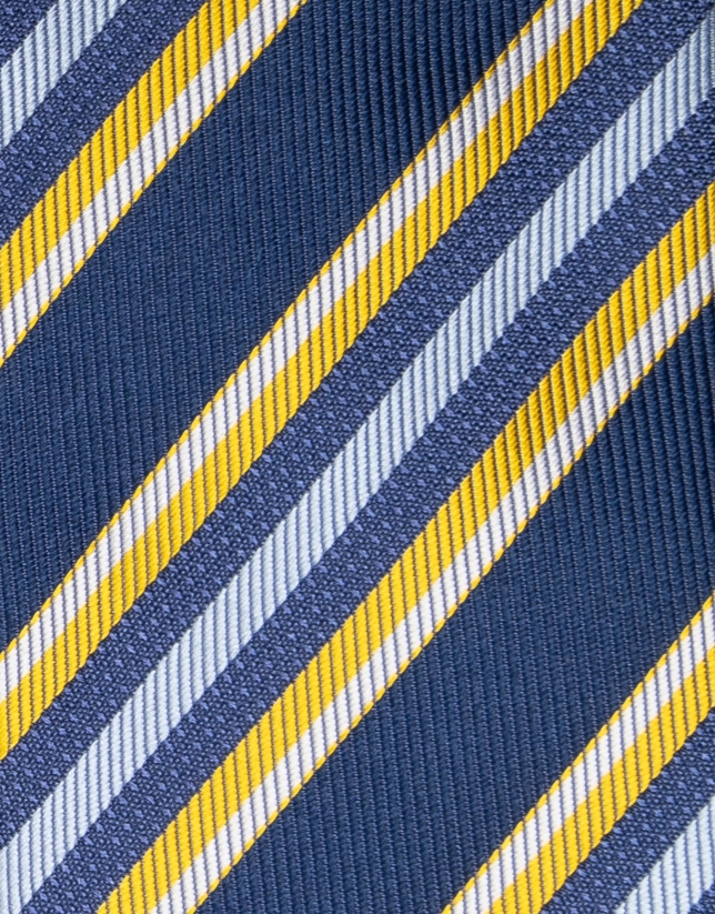 Navy blue silk tie with blue, light blue and yellow stripes