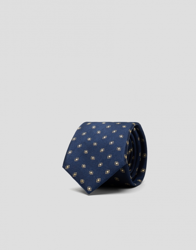 Yellow silk tie with geometric jacquard print 