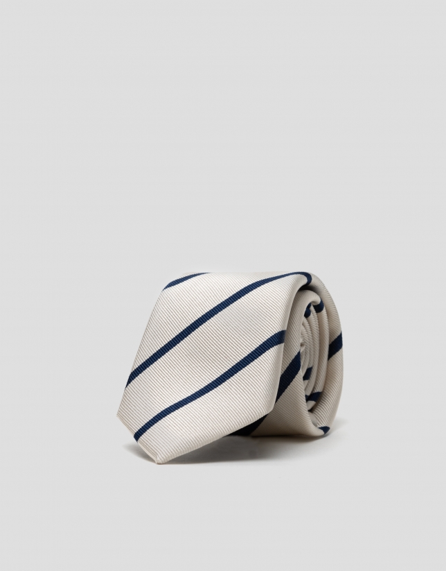 White silk tie with navy blue stripes