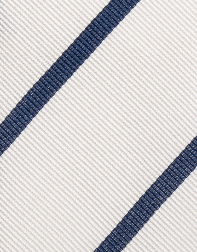 White silk tie with navy blue stripes
