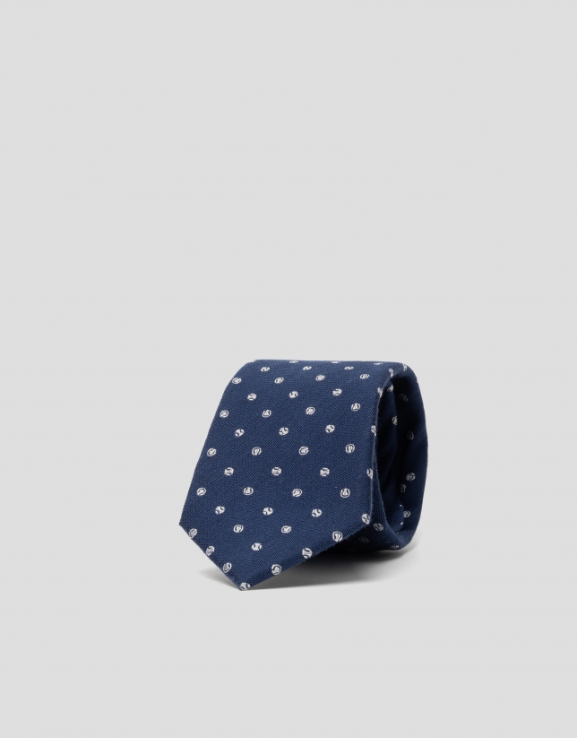 Navy blue silk tie with white tennis ball print jacquard