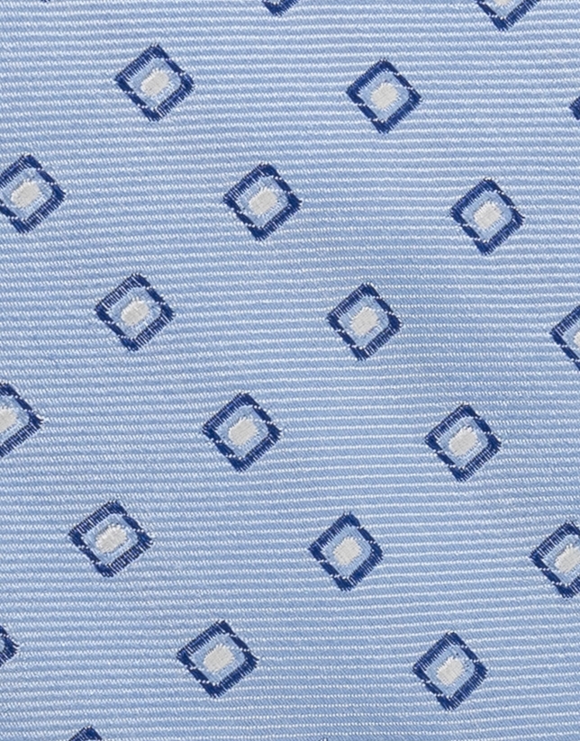 Light blue silk tie with ink blue and white jacquard print