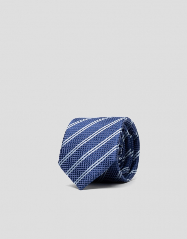 Ink blue structured silk tie with light blue stripes