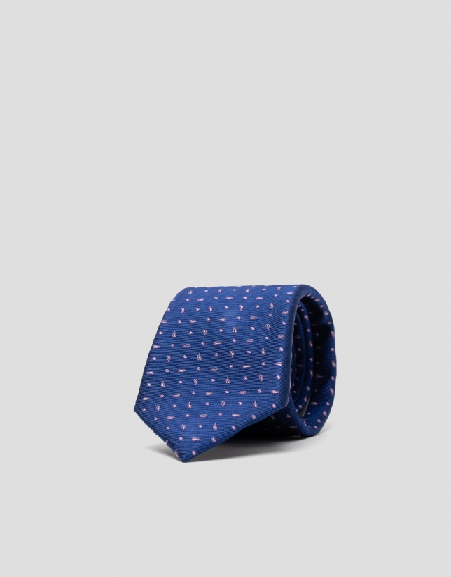 Ink blue silk tie with pink dotted jacquard 