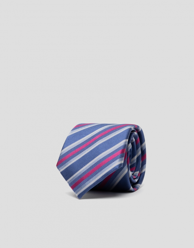 Blue silk tie with white, light blue and fuchsia stripes