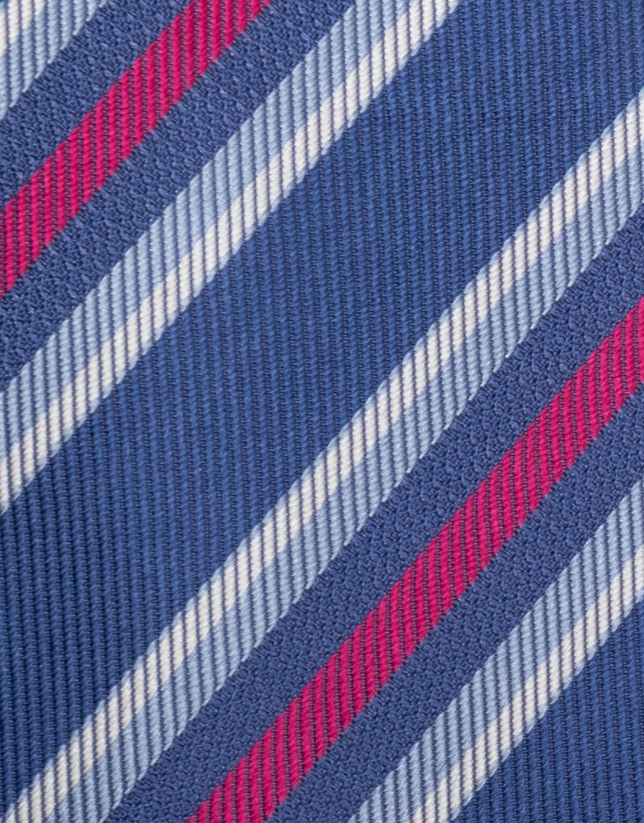 Corbata seda azul con rayas en blanco, celeste y fucsia