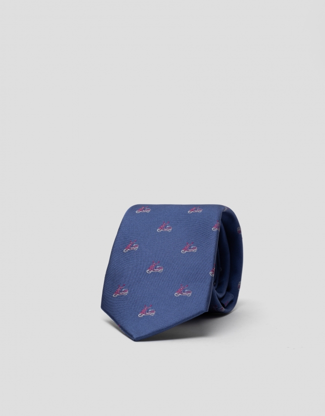 Blue silk tie with fuchsia and light blue motorcycle print jacquard 