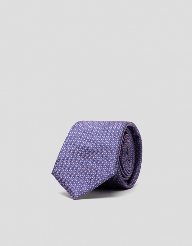 Fuchsia and blue silk tie with geometric jacquard print 