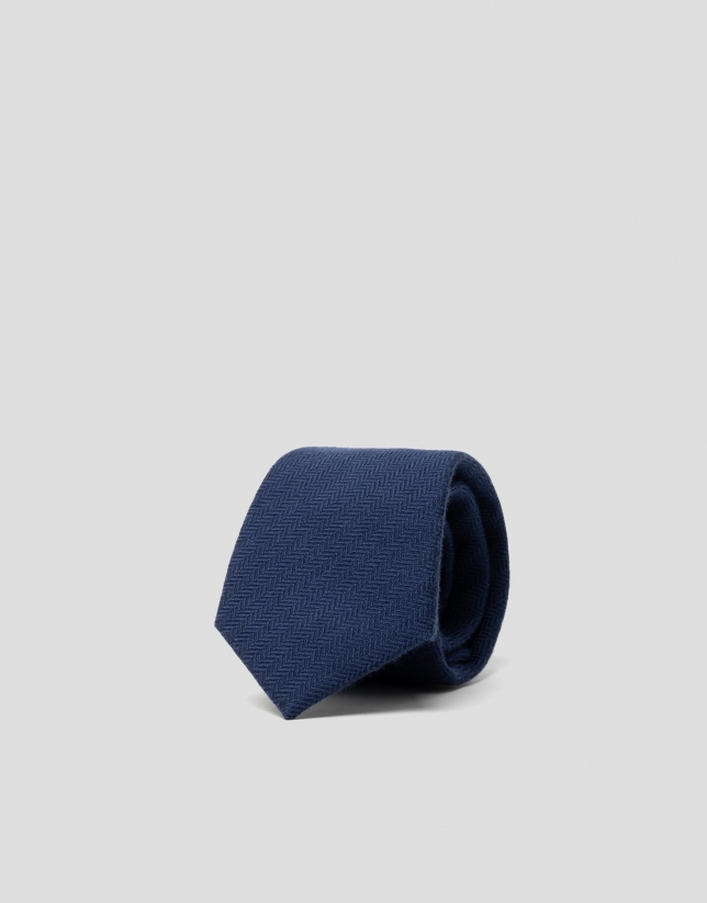 Navy blue silk tie with herringbone design